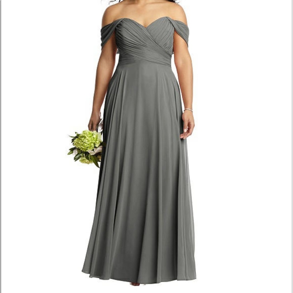 Dessy Collection Off-the-Shoulder Draped Chiffon Maxi Dress - Charcoal Gray